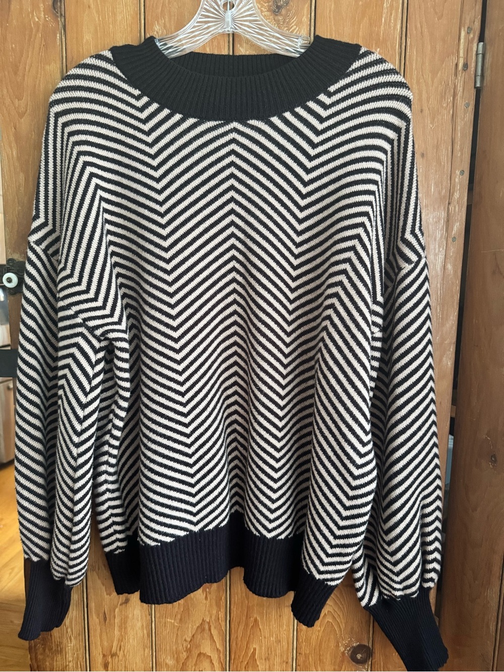 Women's ZESICA Chevron Stripe Mock Neck Lantern Sleeve Knit Pullover Sweater 2XL